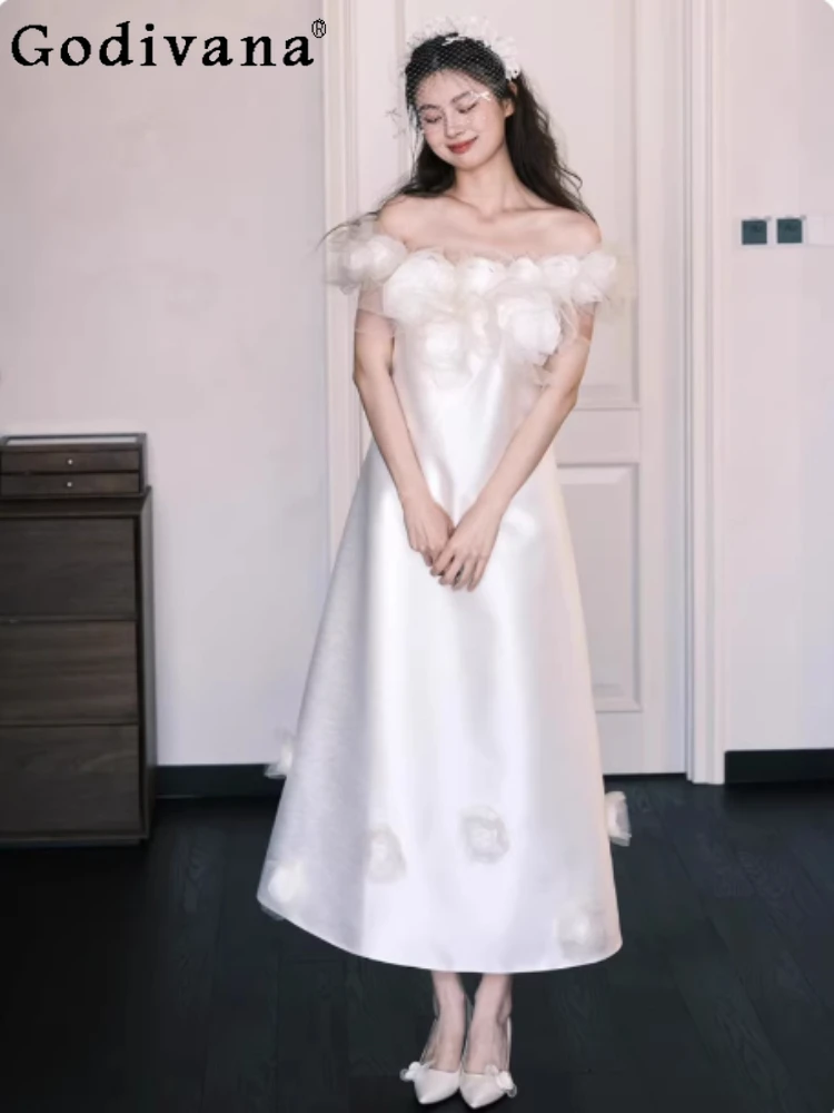 

Temperament French Slash Neck Elegant Satin Fairy Dress Sexy White Sweet High Waist Retro A-line Korean Princess Long Dresses