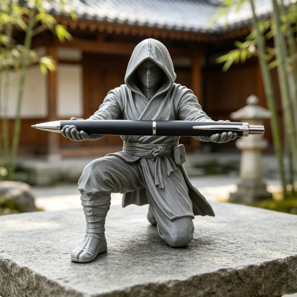 Japanese Samurai Pen Holder Ninja Pencil Rack Hooded Warrior Kneeling Robed Figure Ornament 3D Printed Office Stand Desk Decor