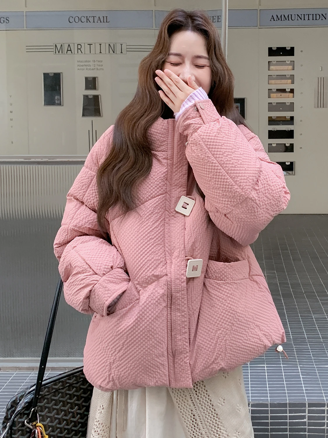 

Red Thiened ort down Jaet Women's Faionable Winter Outerwear Bread Cotton Coat with Horn Buttons Cotton Blend Fabric