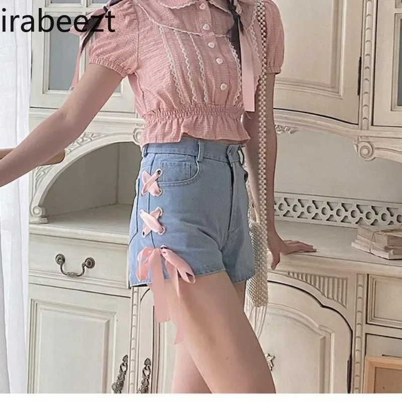 

Ladies Summer Sweet Blue High Waist Side Spliced Pink Bandage Design Sense Trendy Versatile Slim Fitting Hot Pants Women Clothes