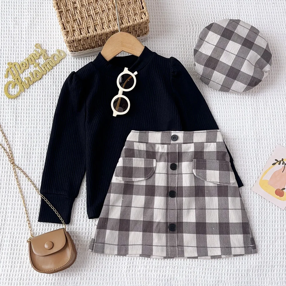 Autumn Spring Children\'s Set Long Sleeves Solid Color High Neck Base Shirt+Plaid Skirt+Hat 3 Piece Sets Kids Clothes Girls