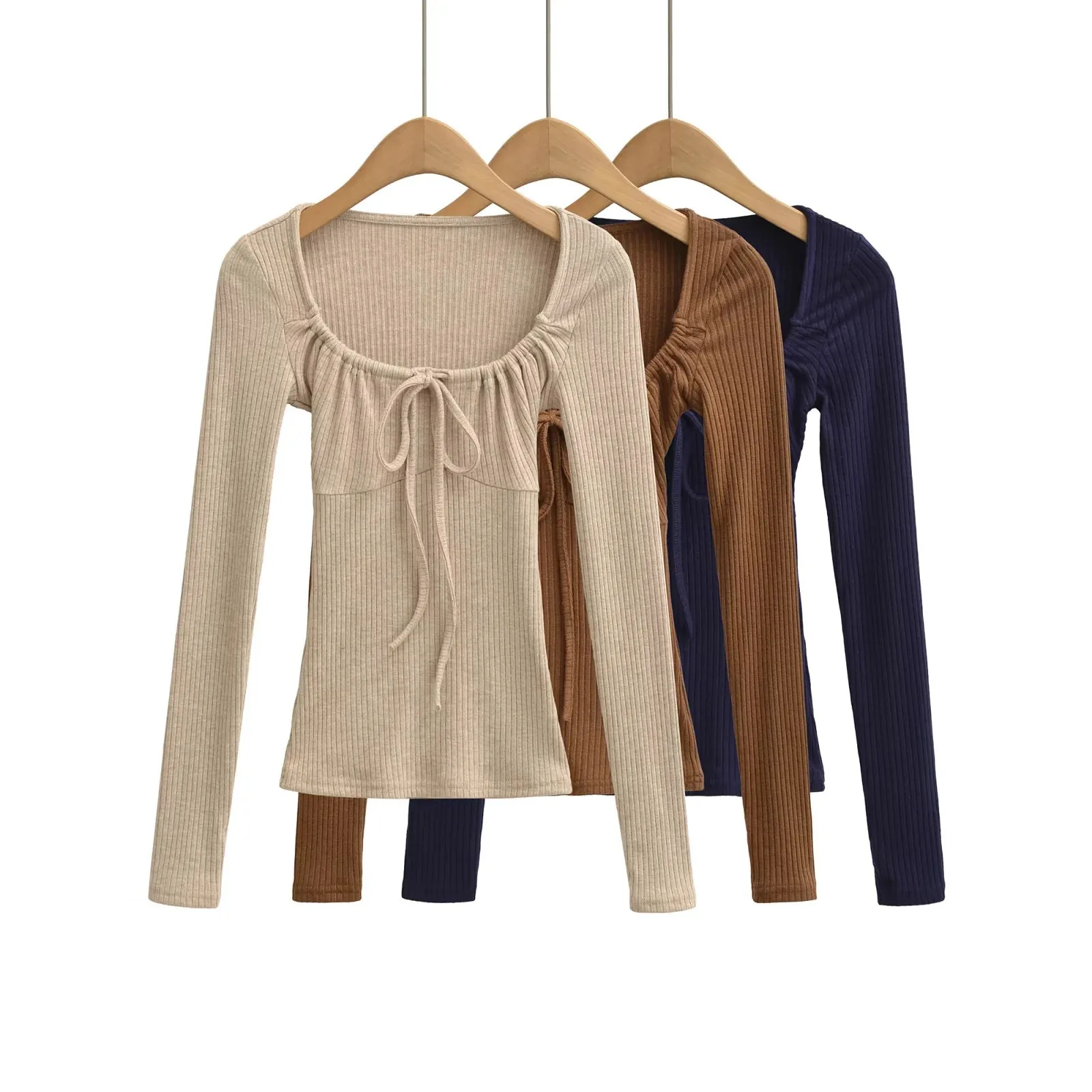 American-style sweet and spicy square-neck long-sleeve top with exposed collarbone spring new model with chest tie slim-fit TJEU