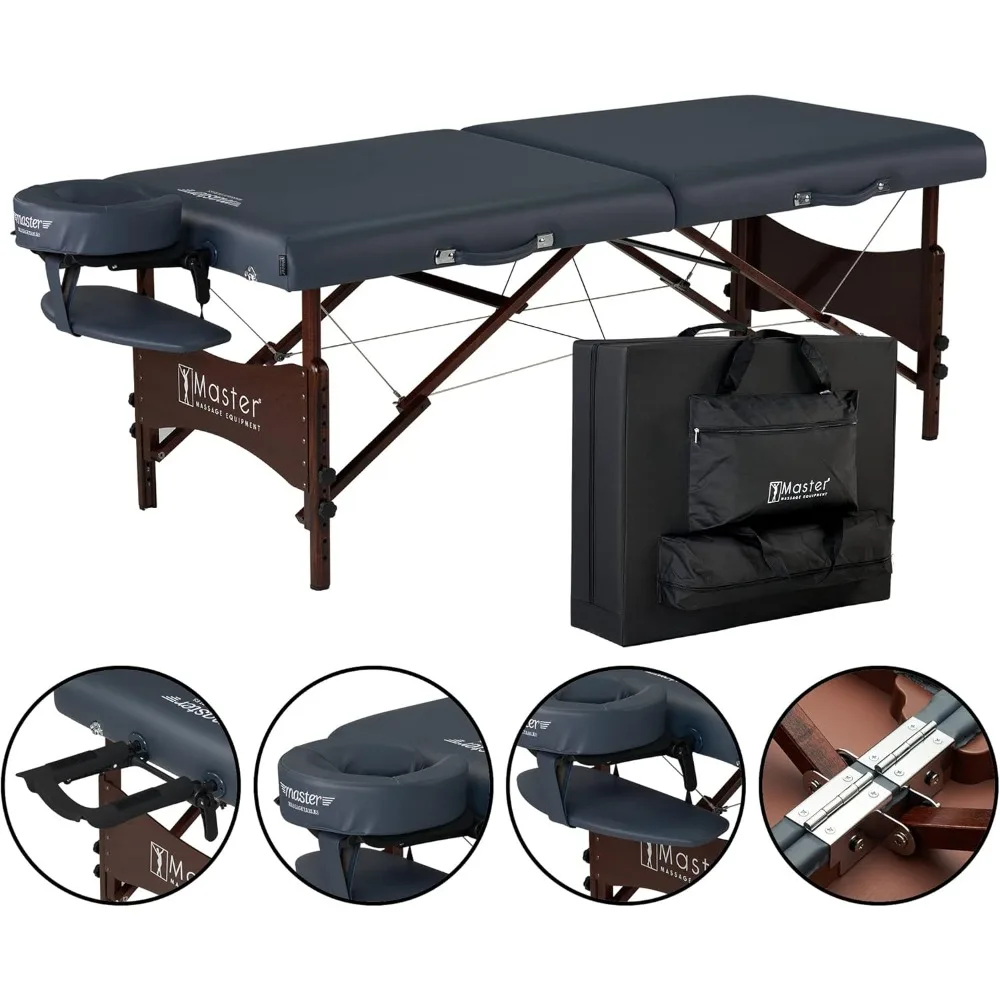 Master Massage Newport Portable Massage Table Package with Denser 2.5" Cushion, Walnut Stained Hardwood, Steel Support Cables