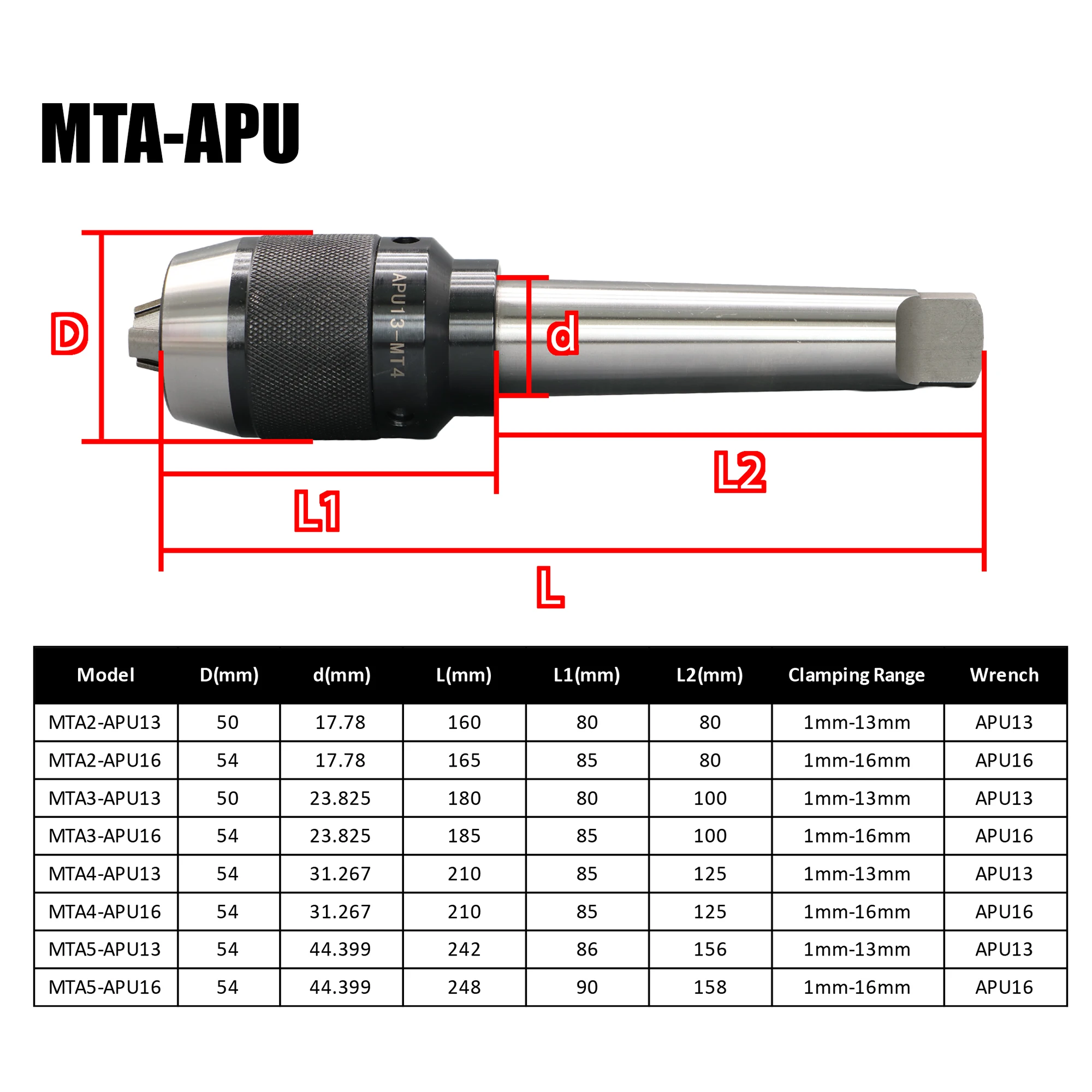 

MT2 MT3 MT4 MT5 C20 C25 C32 R8 APU13 APU16 Drill Chuck Holder MTA MTB APU13 APU16 Automatic Self Tighten Drill Chuck CNC Lathe