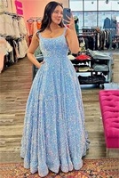 Customized Long Evening Party Gowns Spaghetti Straps Sequin Prom Dresses 2025 Long Sparkly A Line Formal Ball Gowns with Pockets