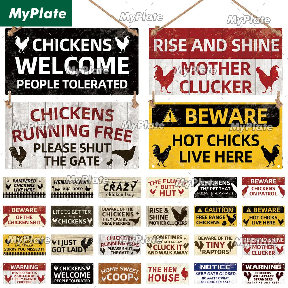 [MyPlate] Welcome Chickens Wooden Wall Plaque Sign Wood Plate Home Door Wall Deocr Decoration Man Cave Hanging Sign House Gift