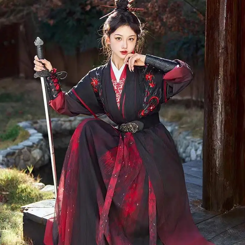 النساء الرجال أسود أحمر Hanfu سلالة سونغ التقليدية Beizi تنورة التاريخ القديم المبارز تأثيري حلي هالوين Wuxia الدعاوى #5