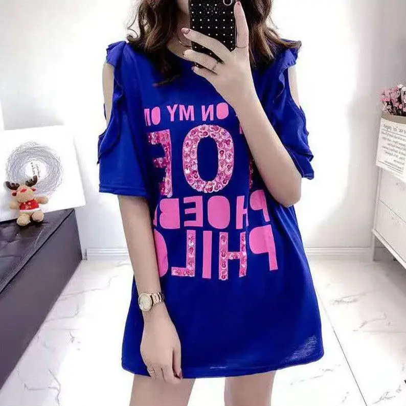 Women\'s T-shirt Graphic Blue Summer Outfit Baggy Top Female Glitter Sequin Long Short Sleeve Rhinestone Clothing Trending Emo