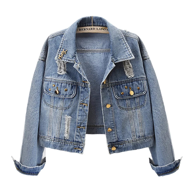 

Vintage Blue Rivet Holes Denim Jacket Women Korean Slim Short Student Cowboy Outerwear Long Sleeve Pocket Jeans Jacket Female