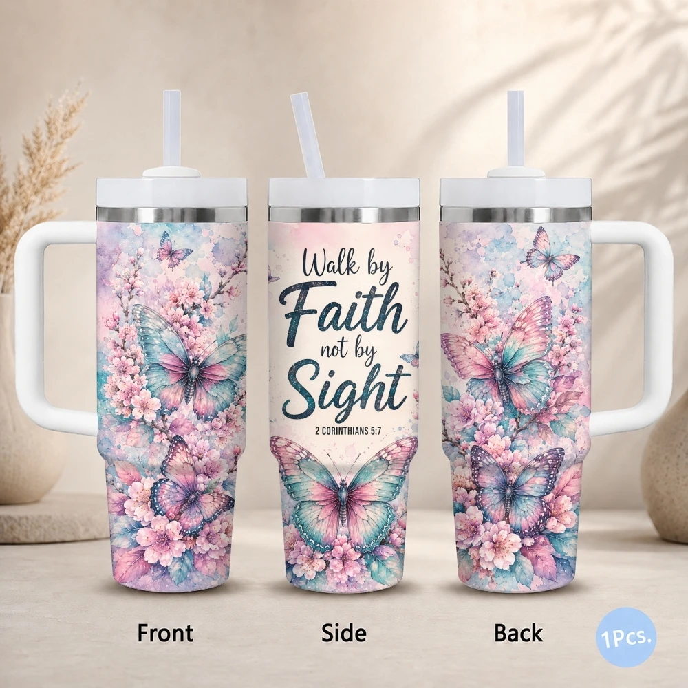 Faith-Inspired & Butterfly Vacuum Flasks 40oz Stainless Steel Insulated Tumbler with Handle Straw Lid Leakproof Travel Mug