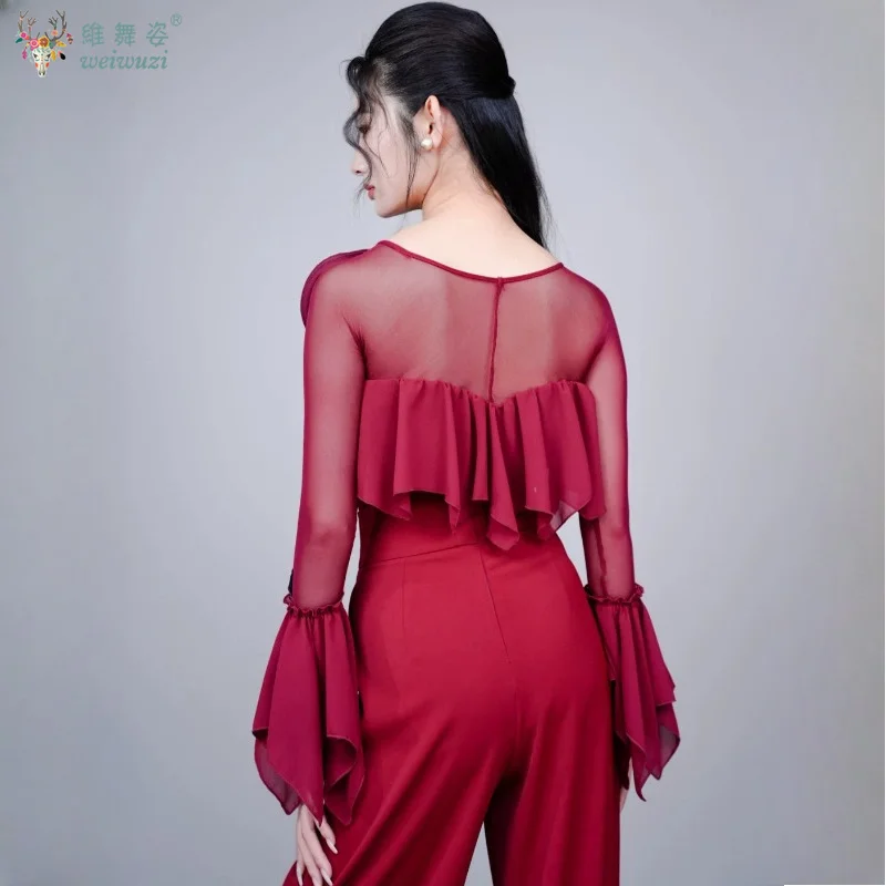 Modern Dance Practice Suit Ruffle Edge Jumpsuit Top Women Waltz Tango Latin Adults Ballroom Dance Performance Costumes Wearing