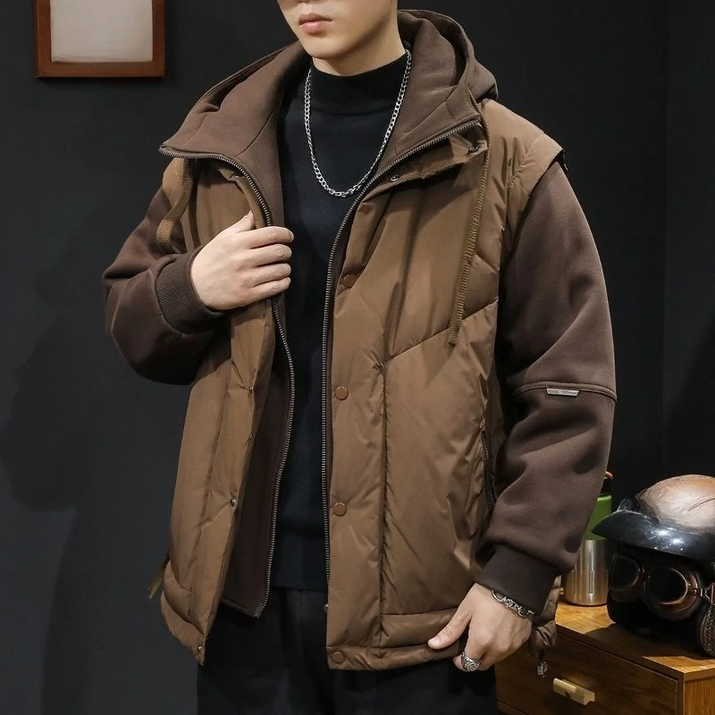 Męska kurtka z kapturem, imitacja dwuczęściowej, ocieplana bawełną, nowa, modna, markowa odzież robocza, bluza z kapturem, patchworkowy płaszcz, duży rozmiar, modny płaszcz.