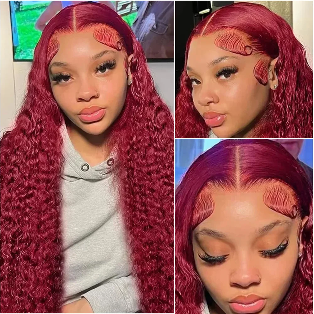 بورجوندي موجة عميقة 13x6 HD الدانتيل أمامي باروكة من شعر طبيعي، # 99J شعر مستعار دانتيل أمامي مجعد أحمر اللون مقاس 36 بوصة مقاس 13 × 4 للنساء.