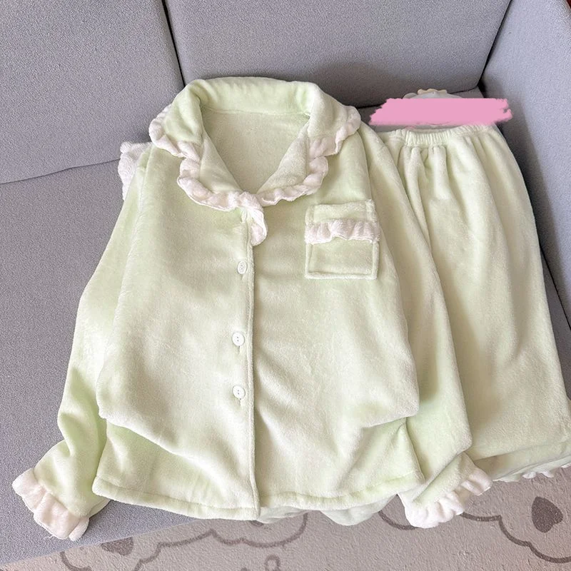 

autumn winter Women's pajamas coral fleece fleece-lined Sleepwear thicken sweet cute flannel leisure student homewear suit
