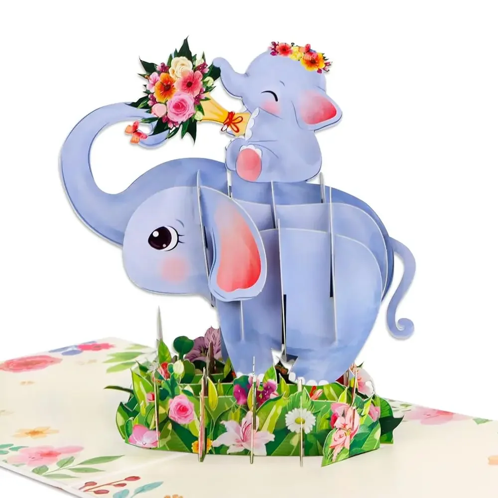 

Открытка на День матери - 3D-открытка с изображением мамы-слонихи и малыша, поздравительная открытка для мамы, 6 x 8 дюймов, дизайн с милым слоном и букетом цветов.