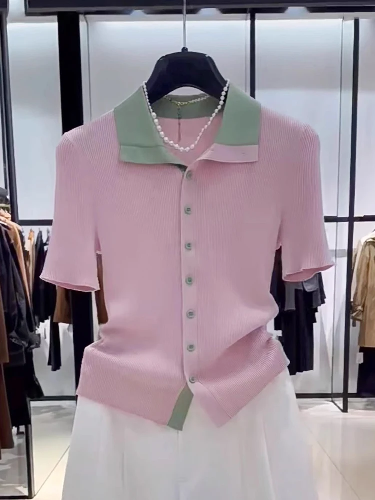 Knitted Ice Silk  Neck Short Sleeve Women's T-Shirt Fashionable Color Block Design Base Layer Top for Summer Commute