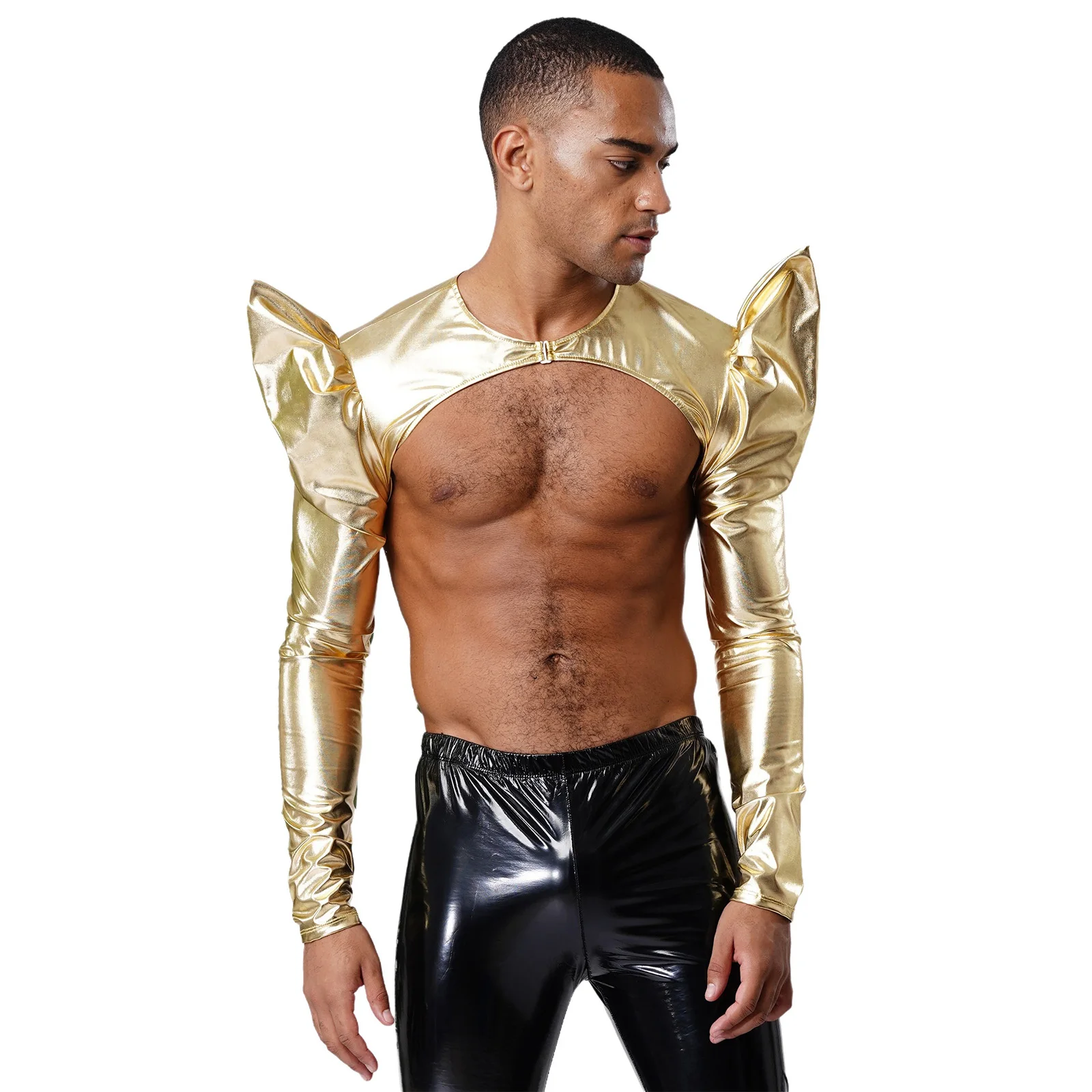 

Mens Metallic Shiny Crop Tops Crew Neck Long Sleeve Rising Shoulder Crop Blouse Shoulder Cover Layering Fclubwear Party Costume