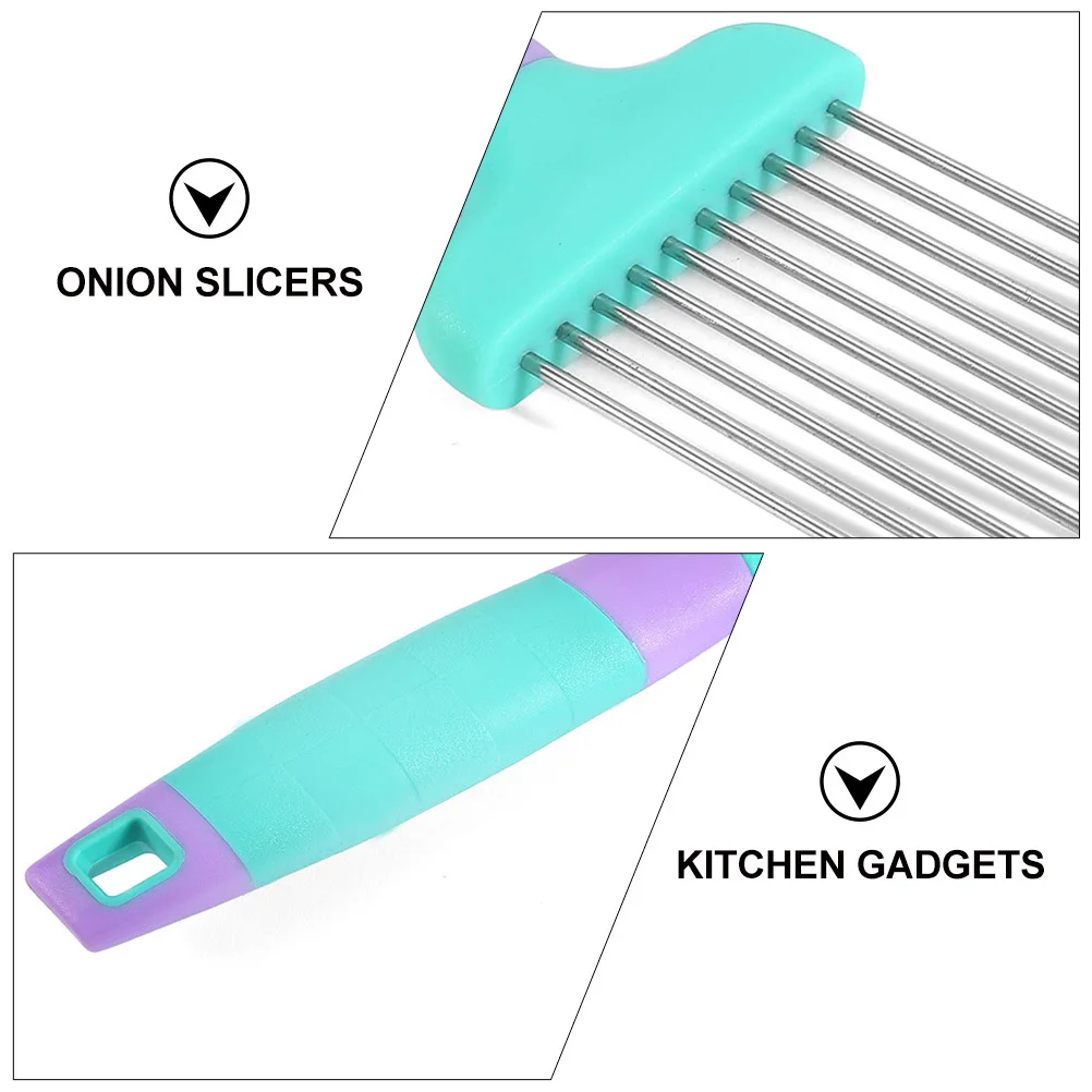 

2Pcs Stainless Steel Onion Needles Plastic Handle Food Slicing Holder Meat Vegetable Cutting Kitchen Tools Assistant