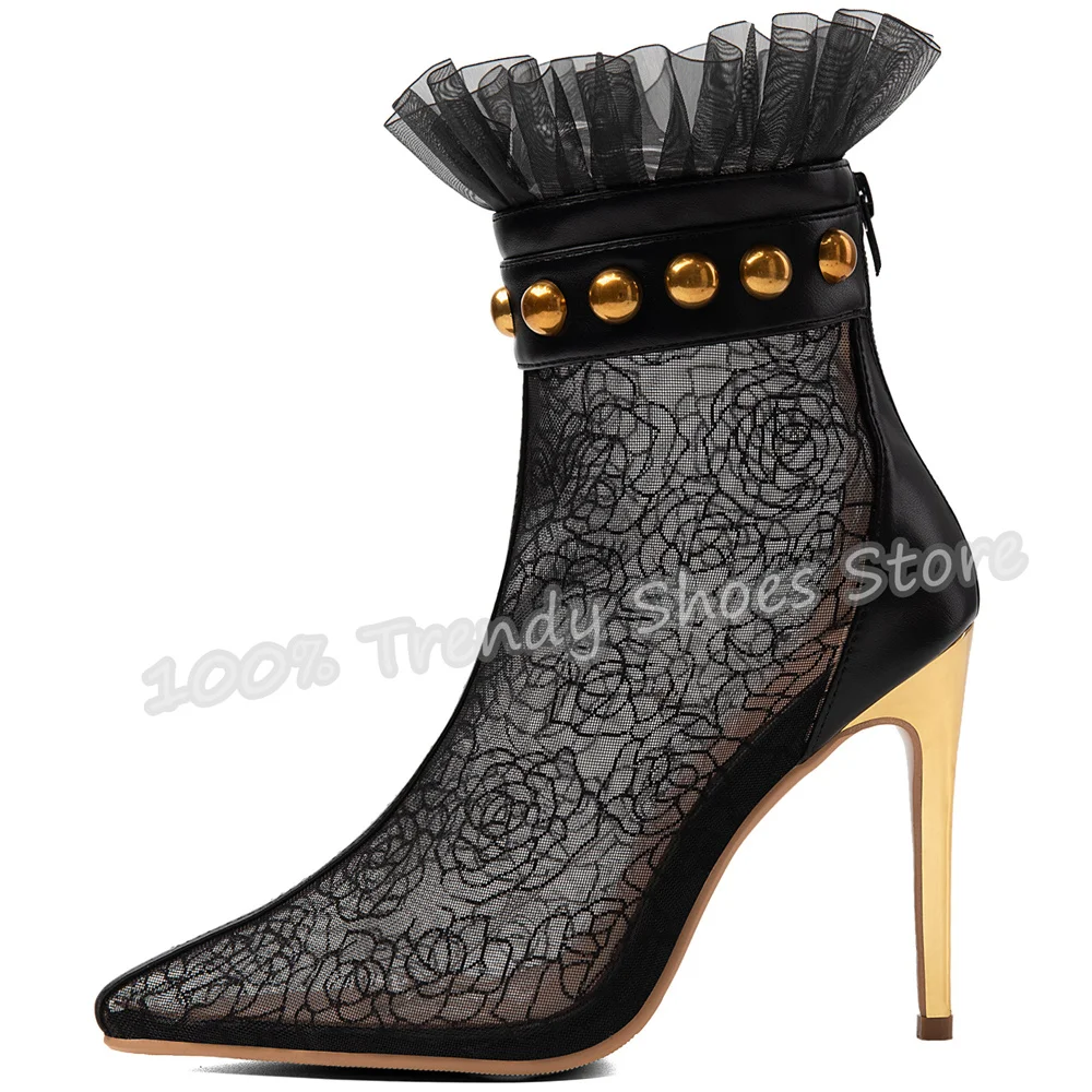 Black Embroidery Lace Mesh Women Ankle Boots Gold Rivet Ruffle Pointed Toe High Heel Short Boots Evening Party Club Dress Shoes