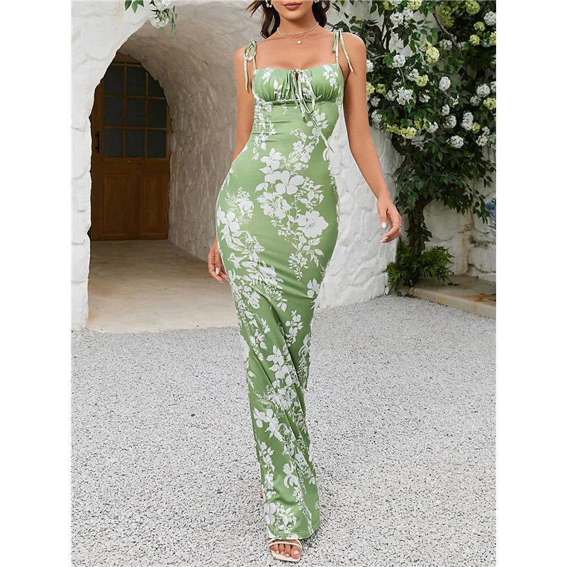 A83F - Letnia sukienka maxi damska w kwiaty, obcisła, na ramiączkach spaghetti, bez rękawów, w stylu bohemy.