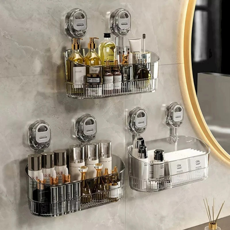 1Pc Bathroom Plastic Suction Storage Box Large Capacity No-Drill Multi-Functional Suction Cup Wall-Mounted Shelf Rack