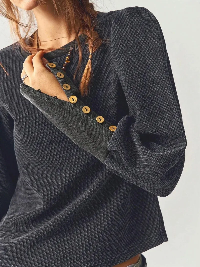 Women Autumn Winter Waffle Knit Sweatshirt Solid Long Sleeve Button Cuff Cropped Top Vintage Loose Casual Warm Pullover Blouse