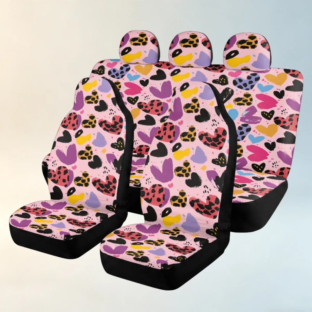 Colorful Leopard Heart Printed Car Seat Cover Set 5 Seats Universal All Season Durable Car Interior Accessories Includes 2 Front