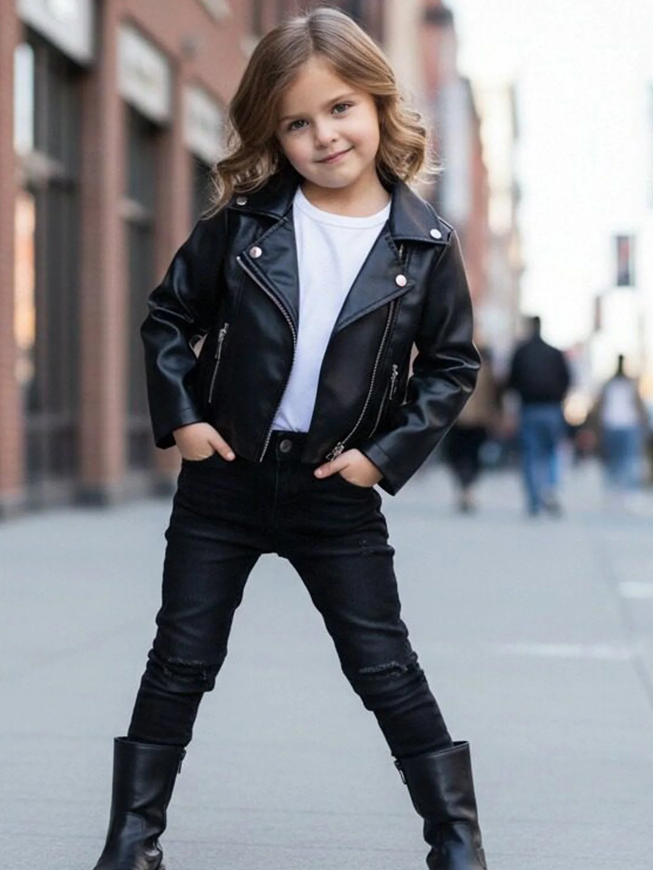 Kinderkleidung Mädchen-Jacke aus PU-Leder mit Revers, Pflegeleicht, Coole Kinderbekleidung für Frühling und Herbst, Motorradjacke, Oberbekleidung