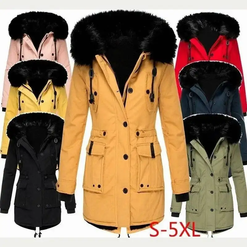 

Women's Thickened Fleece Lined Cotton Jacket Winter Coat With Fur Collar Long Sleeve Parka Style Outerwear For Ladies