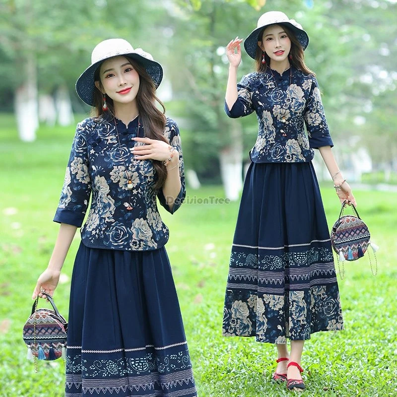 

2025 chinese ethnic style retro tang suit set cotton linen tea suits women's improved cheongsam tops elastic waist skirts set