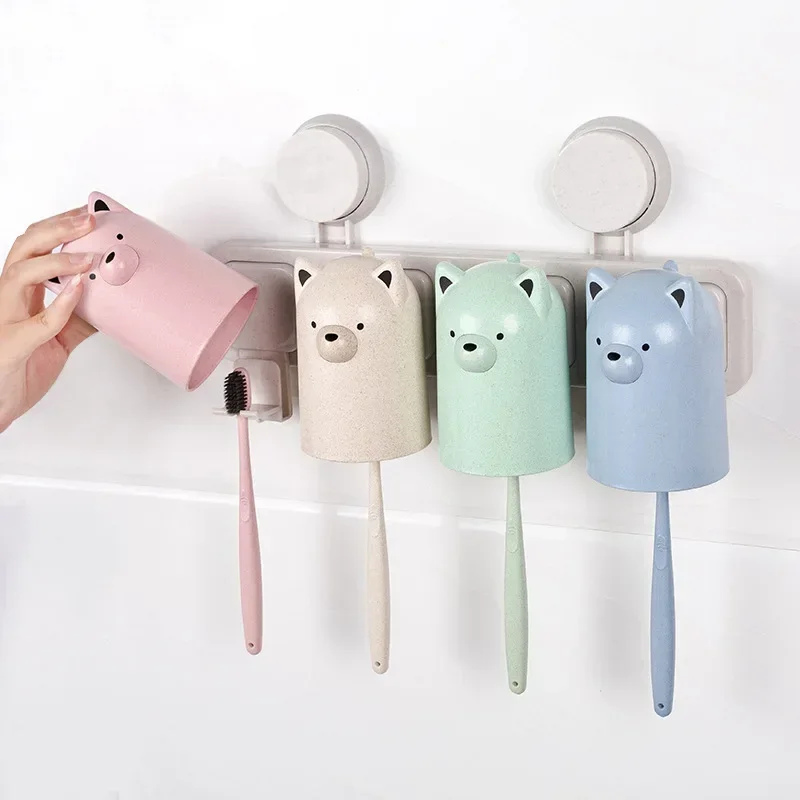 Popular Environmental Protection Natural Wheat Straw Toothbrush Rack Cartoon Bear with Four Cups of toothbrush holder