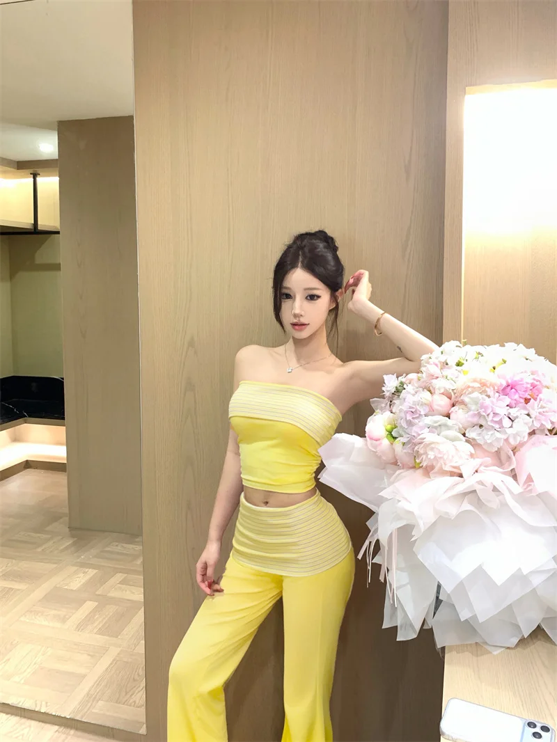 

Sexy Trendy Girl Style Set Yellow Strapless Crop Top Women's Slimming Casual Pants Two Piece Set Summer High Waist Long Pants