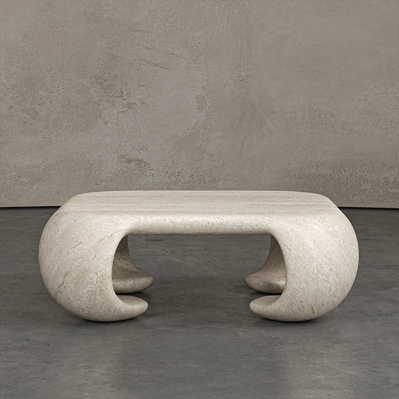 #Organic Sculptural Travertine Coffee Table Modern Bold Curved Leg Natural Stone Livingroom Bedroom Hotel Furniture Decor