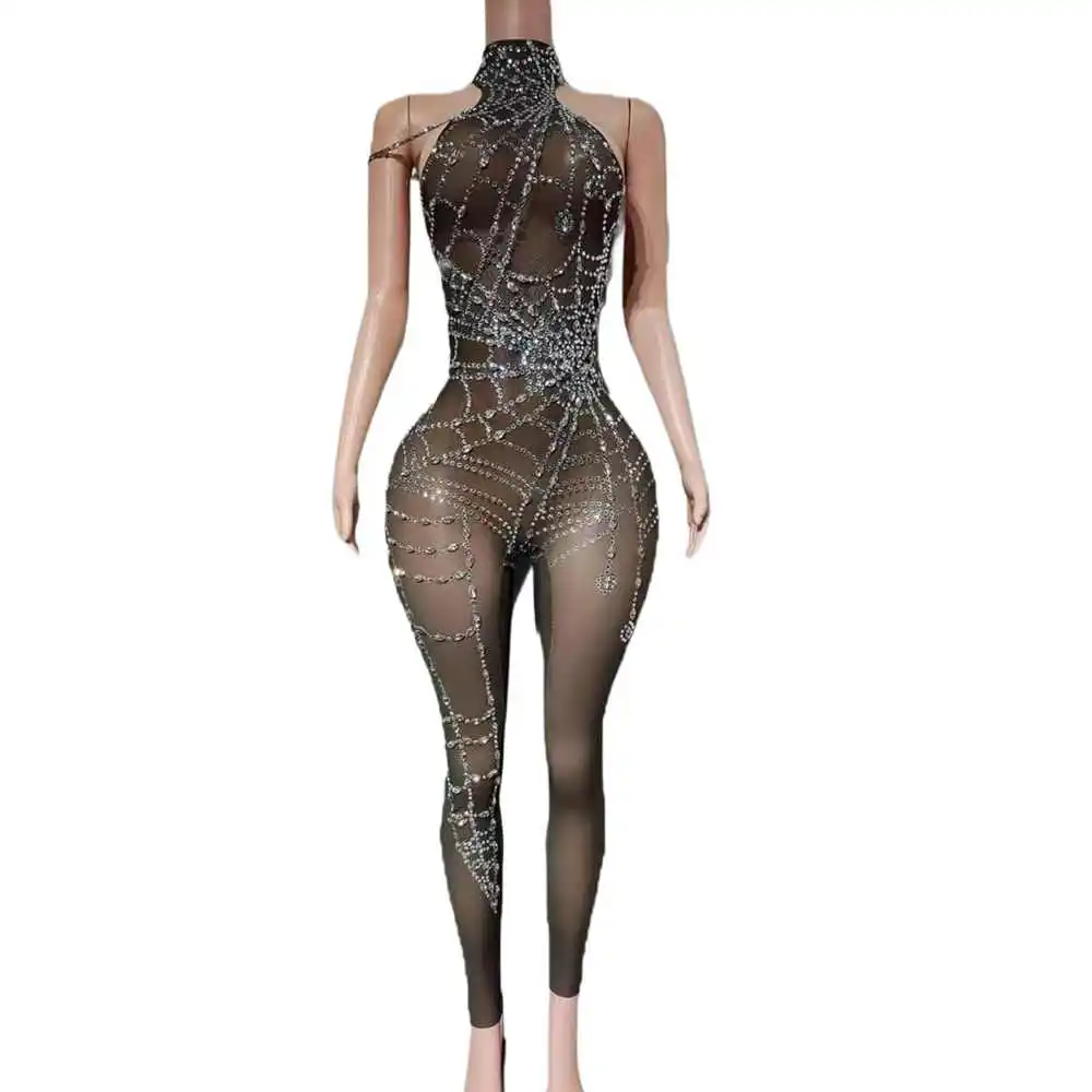 

Sparkly Rhinestones Jumpsuit for Women Sexy Mesh Transparent Skiny Performance Dance Costume Nightclub Singer Dancer Stage Wear