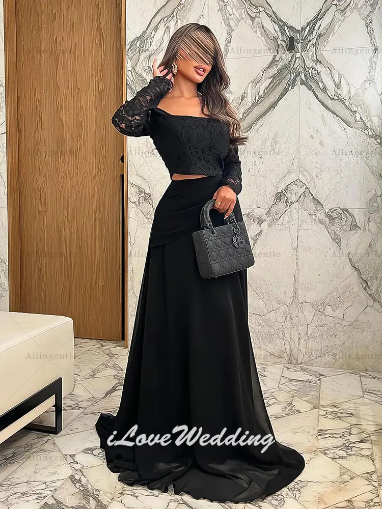 Robe de soirée noire deux pièces, manches longues, épaules dénudées, dentelle, élégante, ligne a, robe de bal pour femmes, robe d'invitées de mariage personnalisée