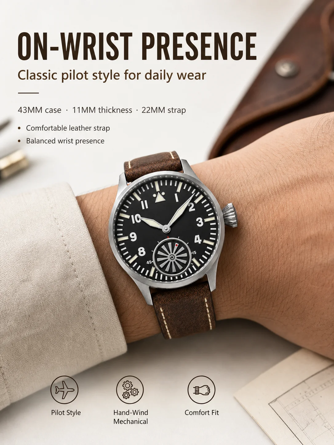 Mechanische Pilotenuhr mit individuellem Logo für Herren, ST3621 Handaufzug, 43mm, Saphirglas, Lederarmband, Zifferblatt, Schließe, Krone, personalisiert – Detail 7