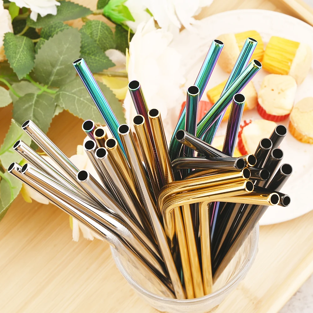 Reusable Metal Straws Set with Cleaner Brush 304 Stainless Steel Drinking Straws Milk Juice Coffee Drinkware Bar Party Accessory