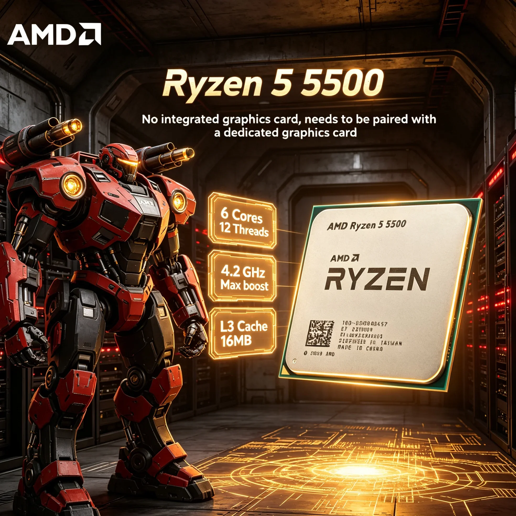 AMD Ryzen 5 5500 para Montagem de PC Gamer, Novo, 6 Núcleos, 12 Threads, 3.6GHz, 7nm, 16MB de Cache L3, 65W, Socket AM4, CPU Desktop DDR4, Sem Cooler
