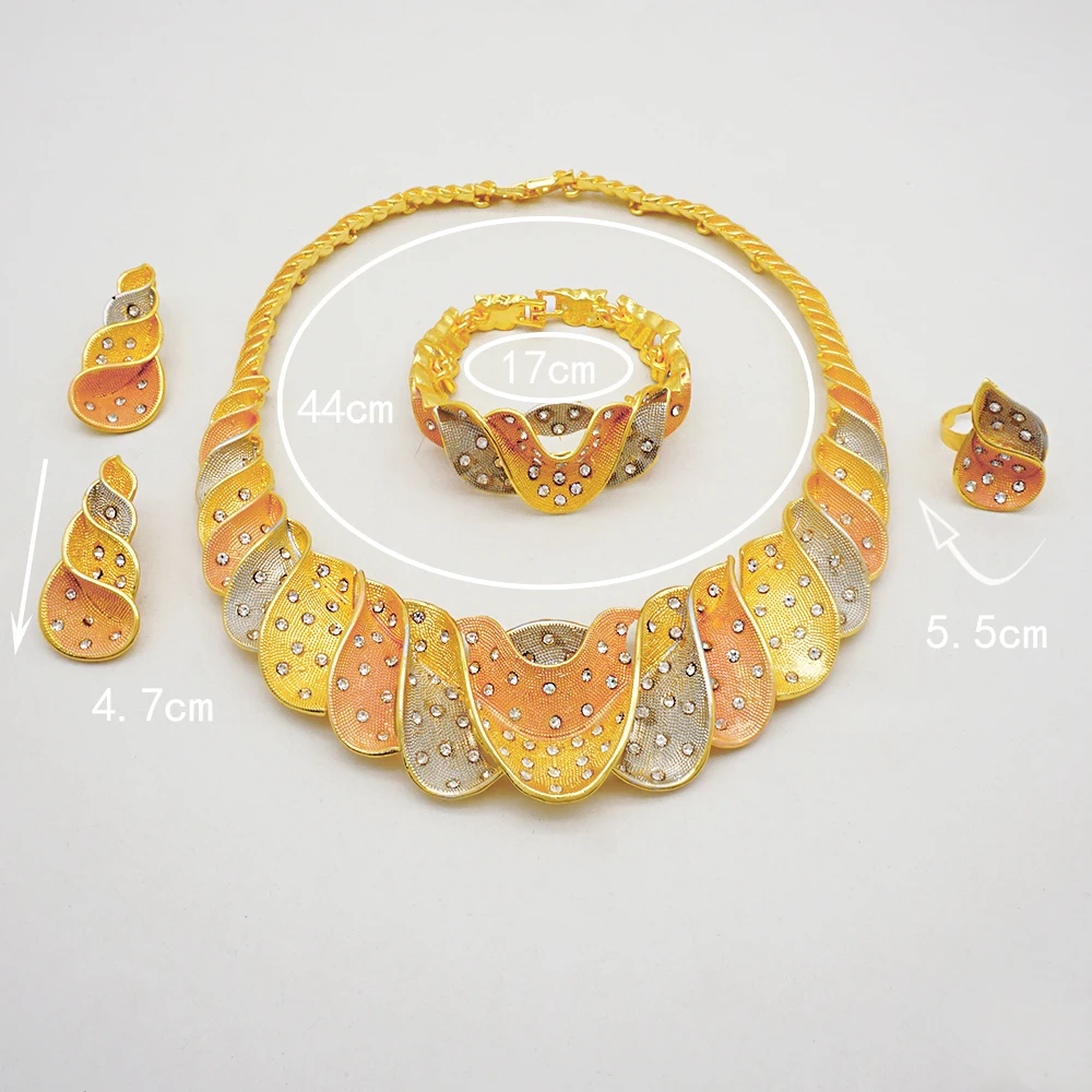 Dubai Color Color Jewelry Sets African Bridal Wife Gifts Wavy Shape Necklace Bracelet Earrings Ring Jewelery For Women Party image 6