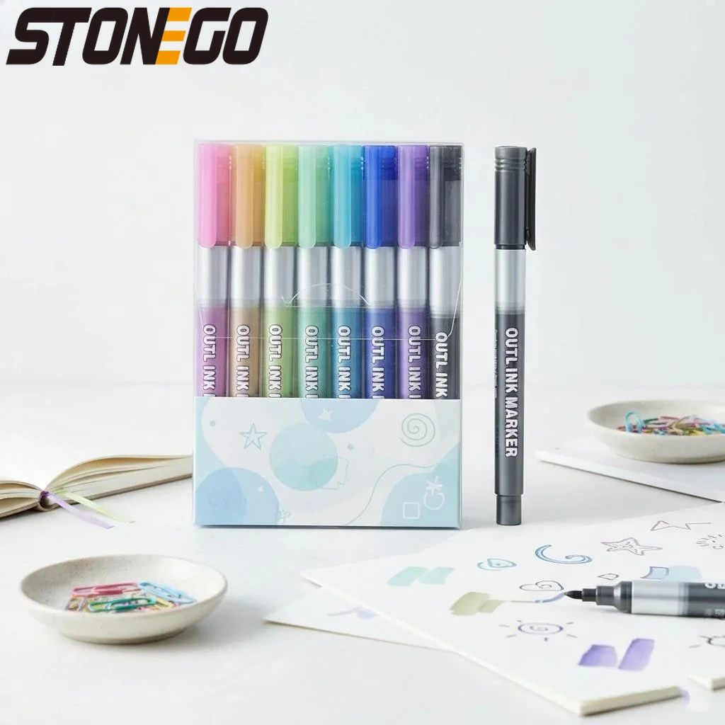 

8Pcs Metallic Double Line Art Markers Set Stationery Drawing Calligraphy Scrapbooking Outline Pens