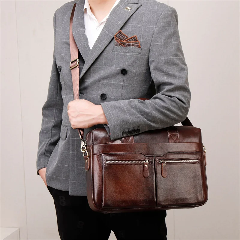 ธุรกิจหนังวัวแท้กระเป๋าเอกสารขนาดใหญ่ความจุ Man กระเป๋าแล็ปท็อปหนังแท้ Multifunctional ชาย Tote หรือกระเป๋าสะพาย