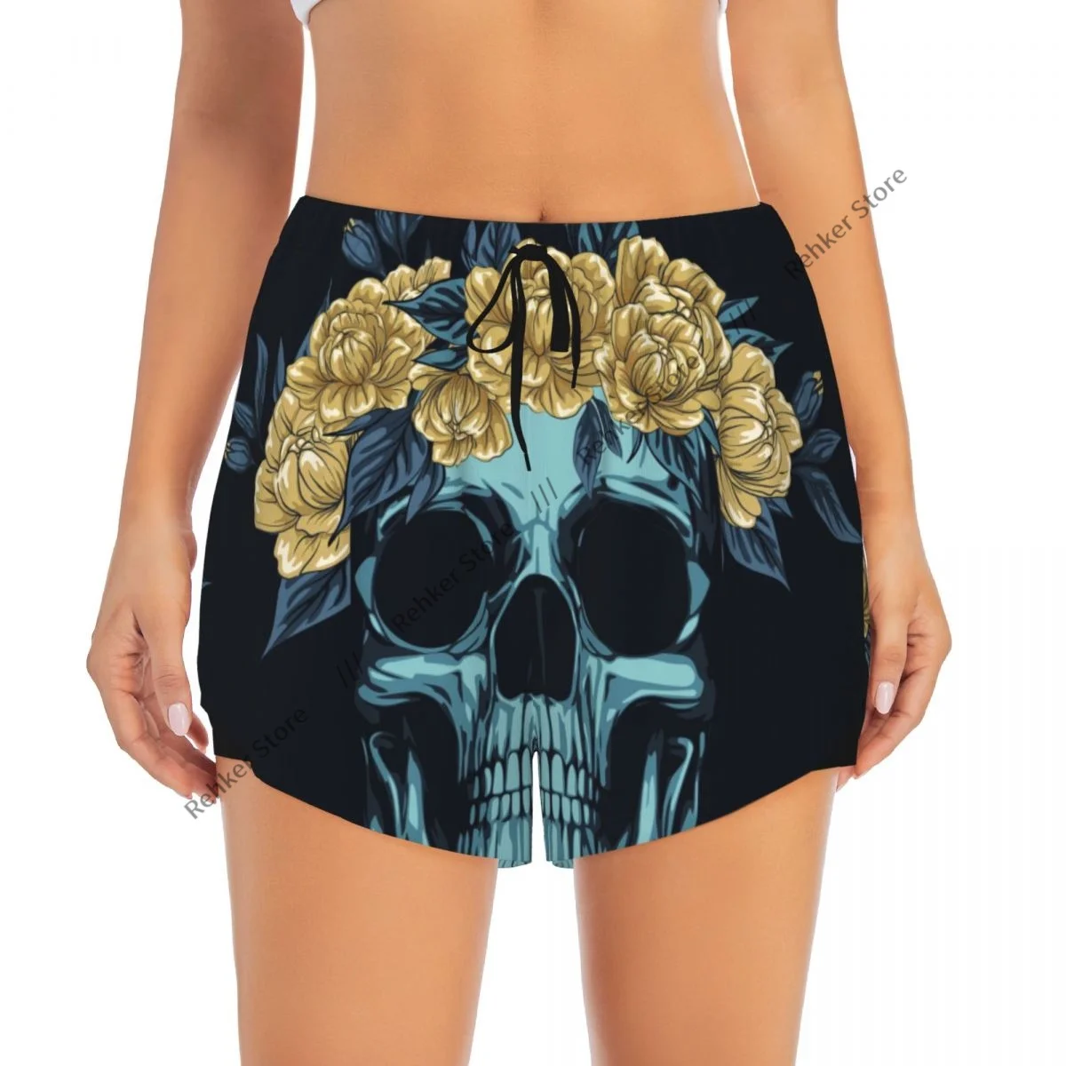 شورت اليوغا للنساء شورت اللياقة البدنية السائق تجريب الجري السراويل الرياضية الجمجمة الورود إكليل التجفيف السريع ملابس رياضية مع جيب