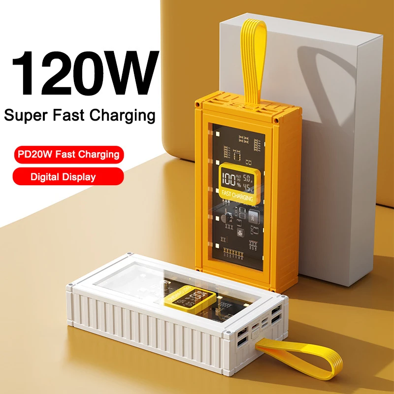 Transparent Power Bank 50000mAh 120W PD20W Two-Way Fast Charging Powerbank with LED Light for iPhone 15 14 Xiaomi Huawei Samsung