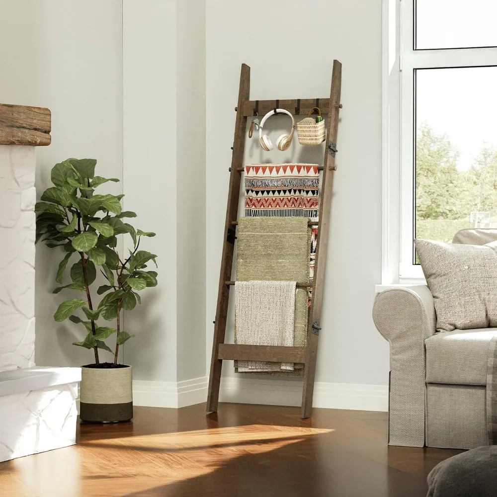 رف سلم من الخيزران مكون من 5 طبقات، سلم بطانية على طراز المزرعة، سلم زخرفي ريفي مع 4 خطافات قابلة للإزالة، بني #2