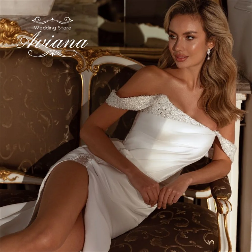 アヴィアナ カスタマイズされたマーメイド ハイ スプリット ビーズ ウェディング ドレス パール スパンコール オフザショルダー フロアレングス コート トレイン フリル 新しい