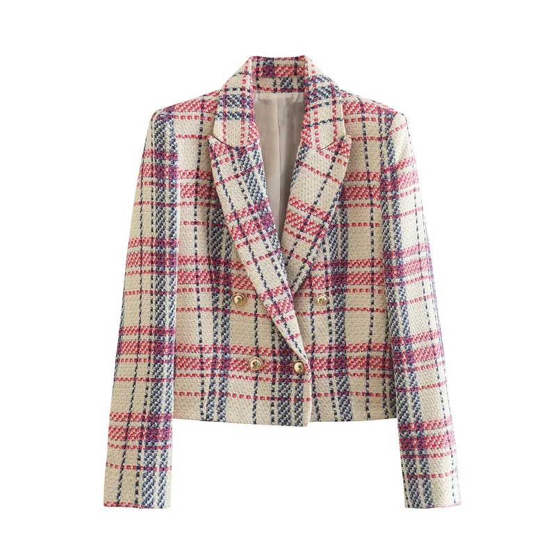 Tweed Wollen Jas Ultrakorte Pak Jas Vrouwen Lente Herfst Hoge taille Plaid Blazers Vrouwelijke Slanke Casual Tops Bovenkleding