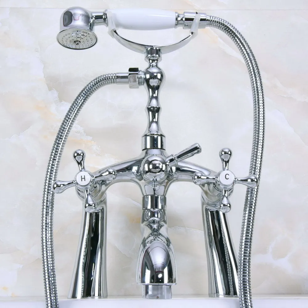 

Polished Chrome Brass Double Handle Deck Mount Bathroom Bath Tub Faucet Set with 1500mm Hand Held Shower Spray Mixer Tap 2na121
