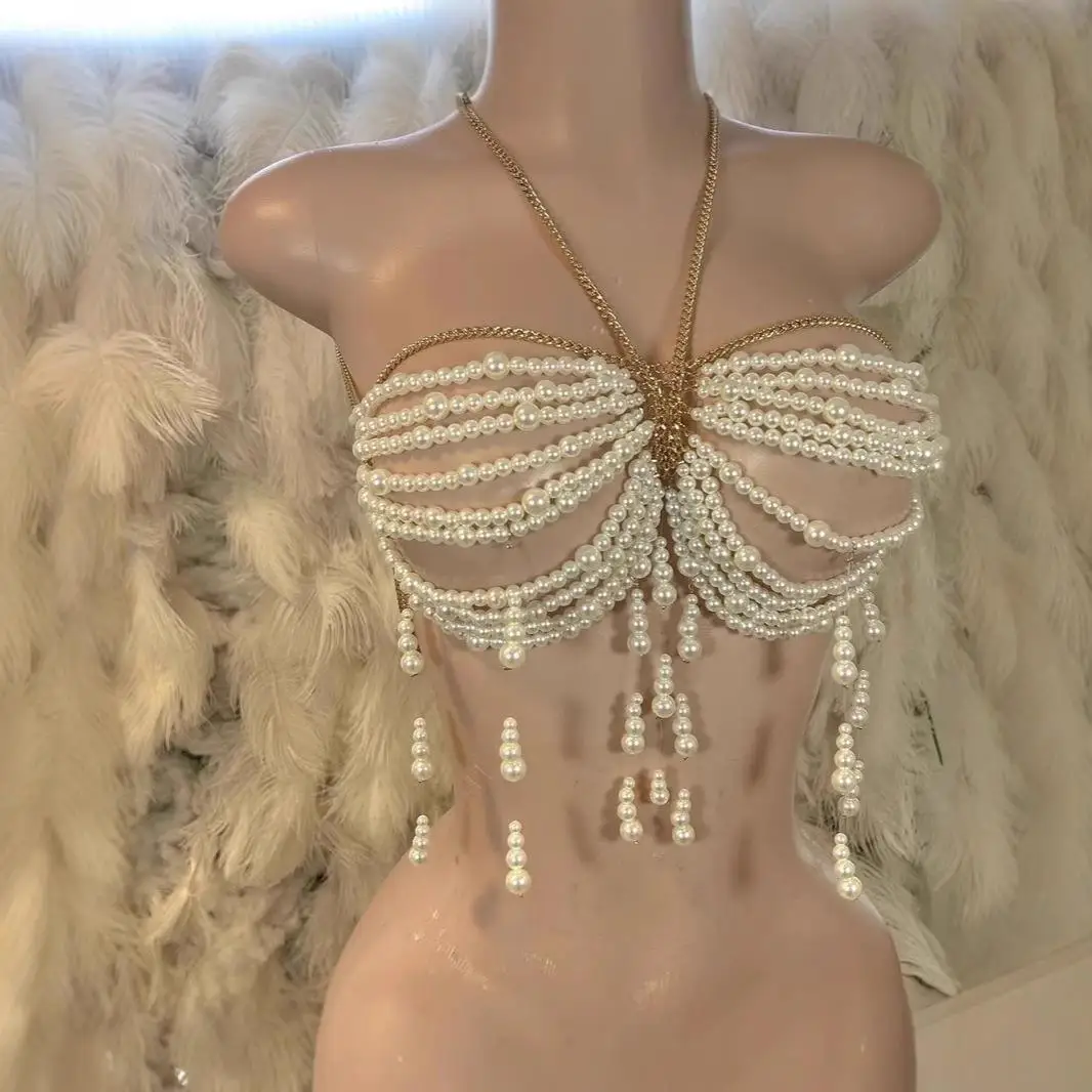 

Beaded Pearl Nelace Crossbody Women's Vest Body Chain European Sle Faion Accory ort Length A-Line Narrow Strap Vest