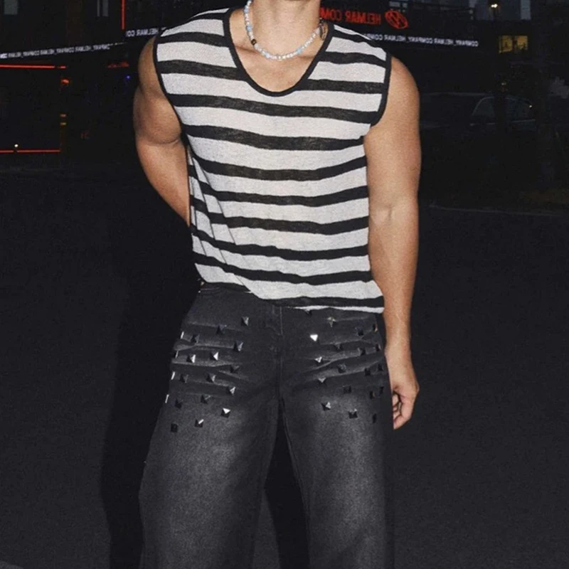 Sexy See Through Knitted Tank Tops Mens Vintage Striped Contrast Color Knit Vest Summer Casual Sleeveless O Neck Men Camisoles