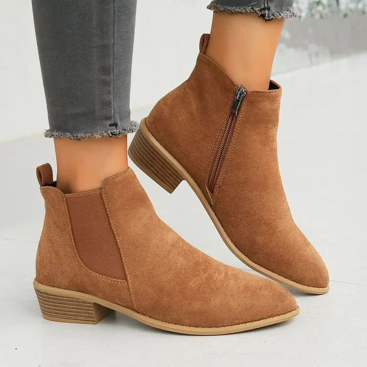 Zíper marca sapatos femininos botas de salto médio calçados de inverno moda rock outono senhoras borracha pontiaguda 2024 tornozelo tecido algodão soli